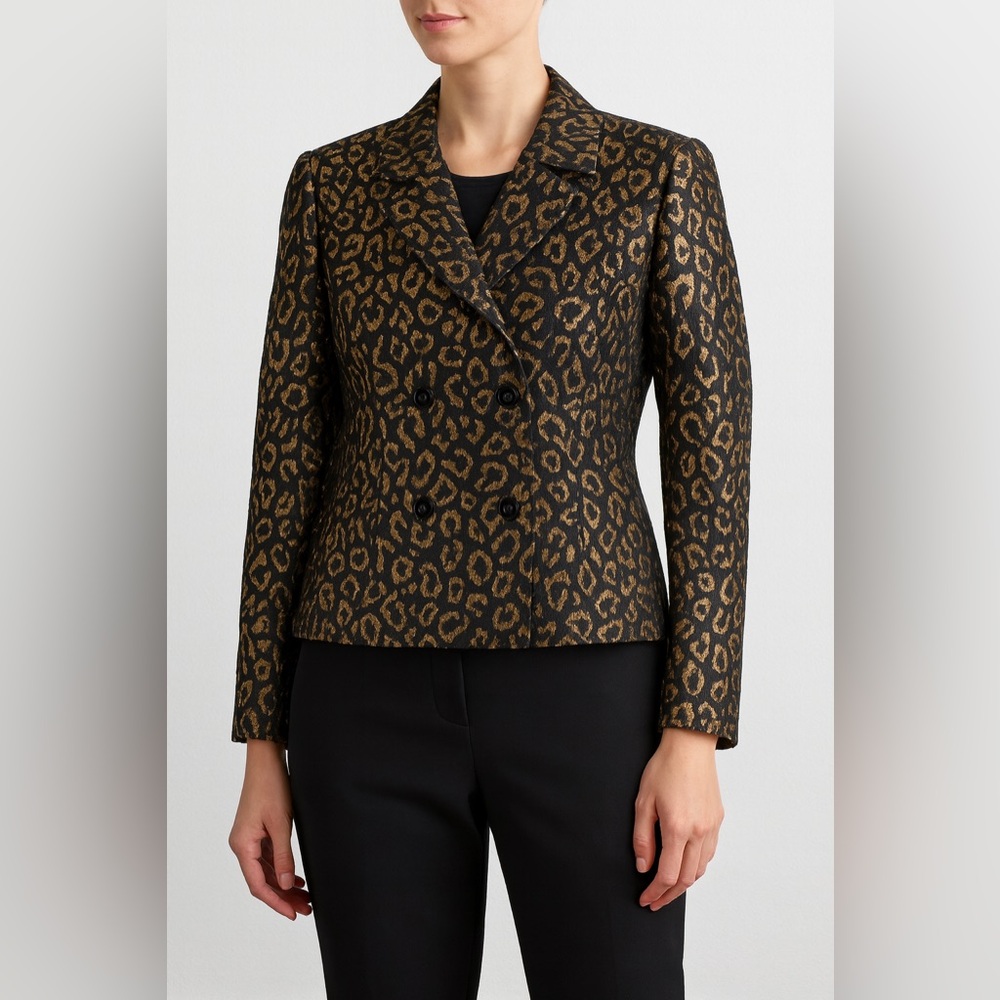 🐆 Nina McLemore Metallic Leopard Jacquard Blazer 🖤 Gold Double-Breasted Jacket ✨